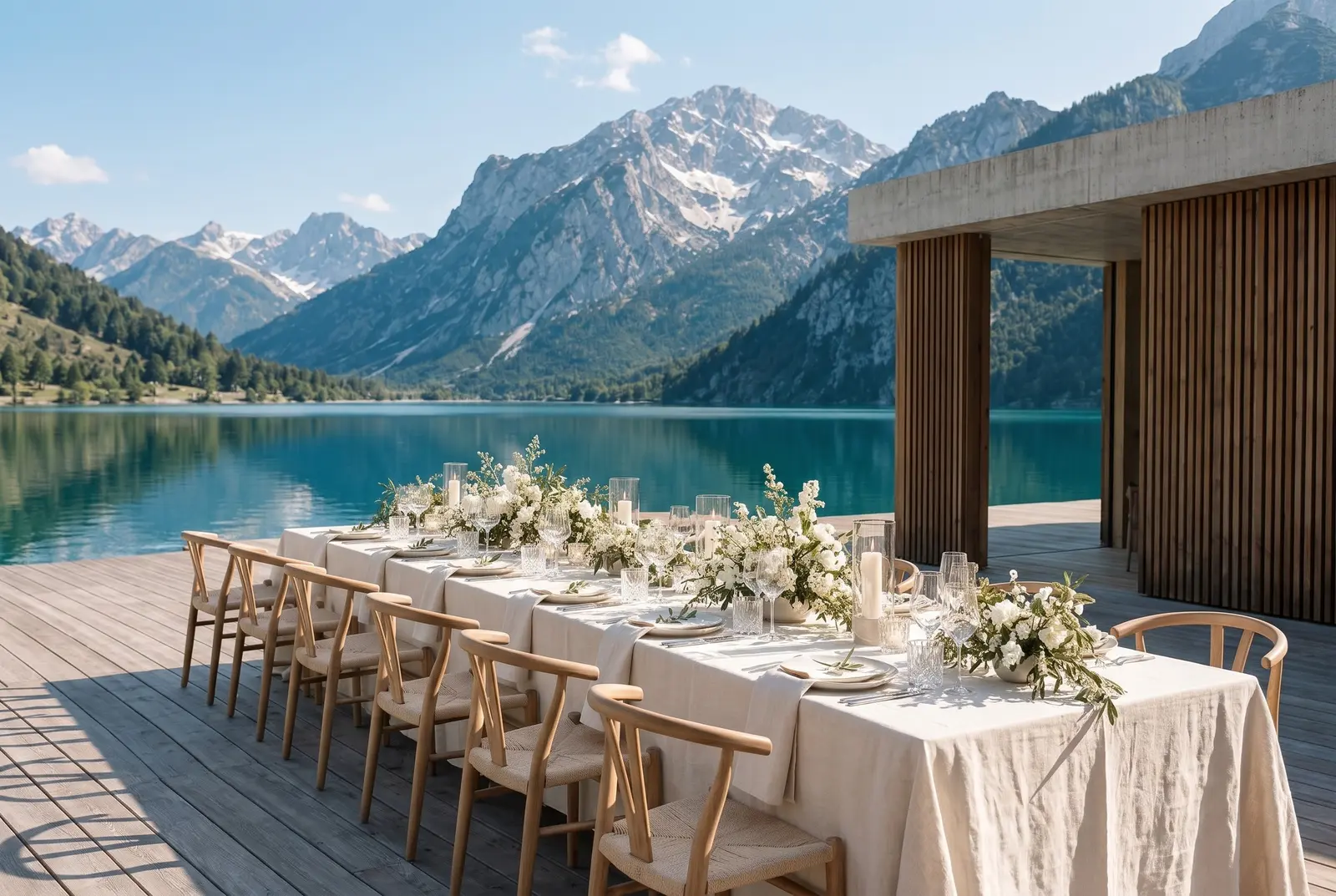Die lange Tafel auf dem Holzdeck, dahinter der See und die Berge